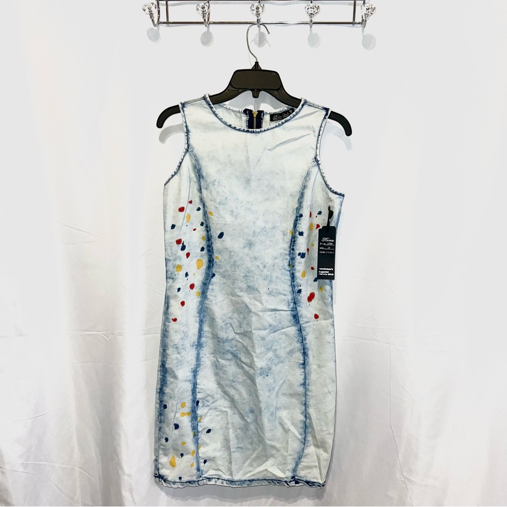 Roma Studio Collection Acid Washed Denim Paint Splatter Sleeveless Mini Dress